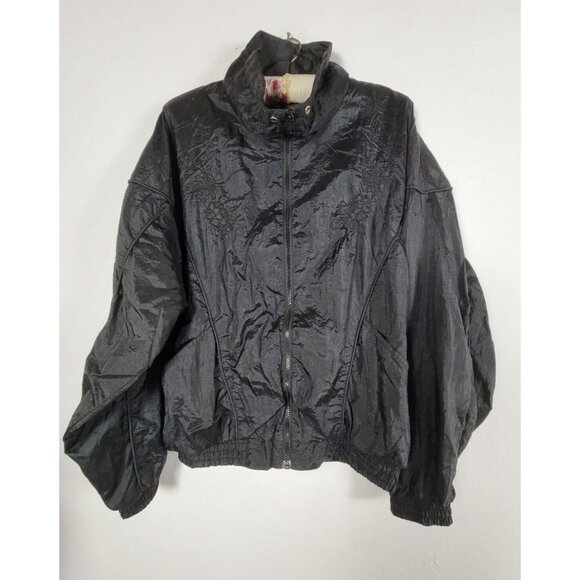 Kuma Sport Vintage Black Crinkle Bomber Jacket Zip-Up Oversized Lightweight - Picture 1 of 6